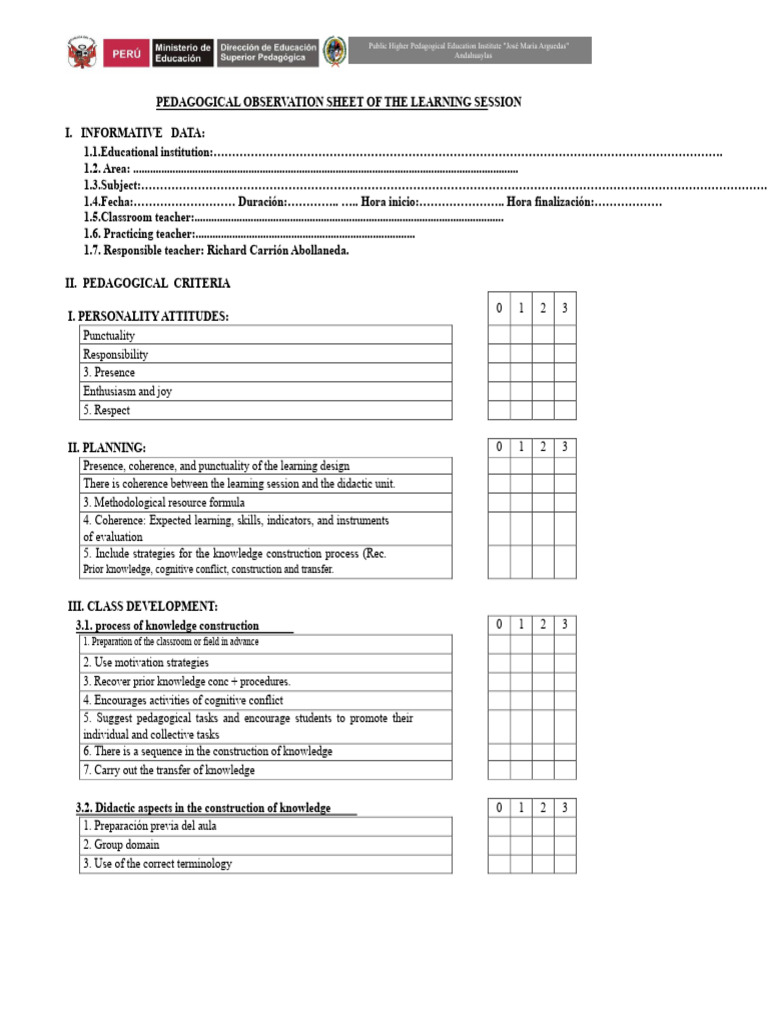 Pedagogical Observation Sheet of The Learning Session | PDF | Knowledge ...