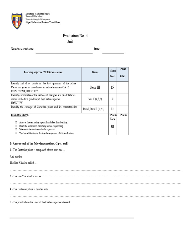 Mathematics Evaluation: Cartesian Plane Skills | PDF | Cartesian ...