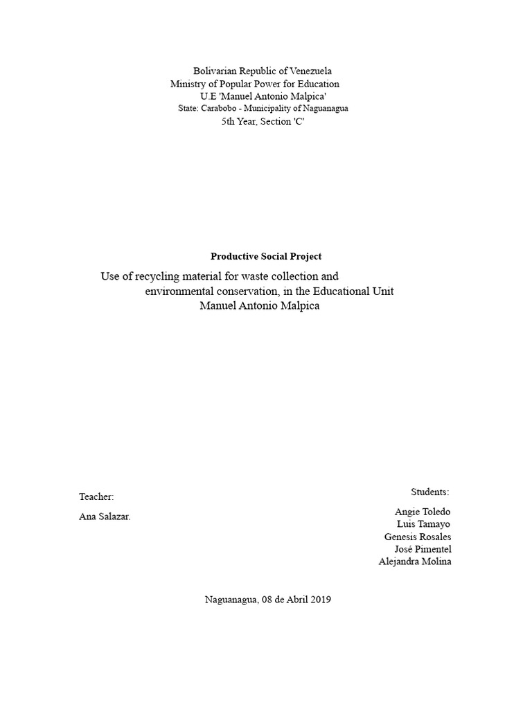 Productive Social Project 5th C... | PDF | Waste | Recycling