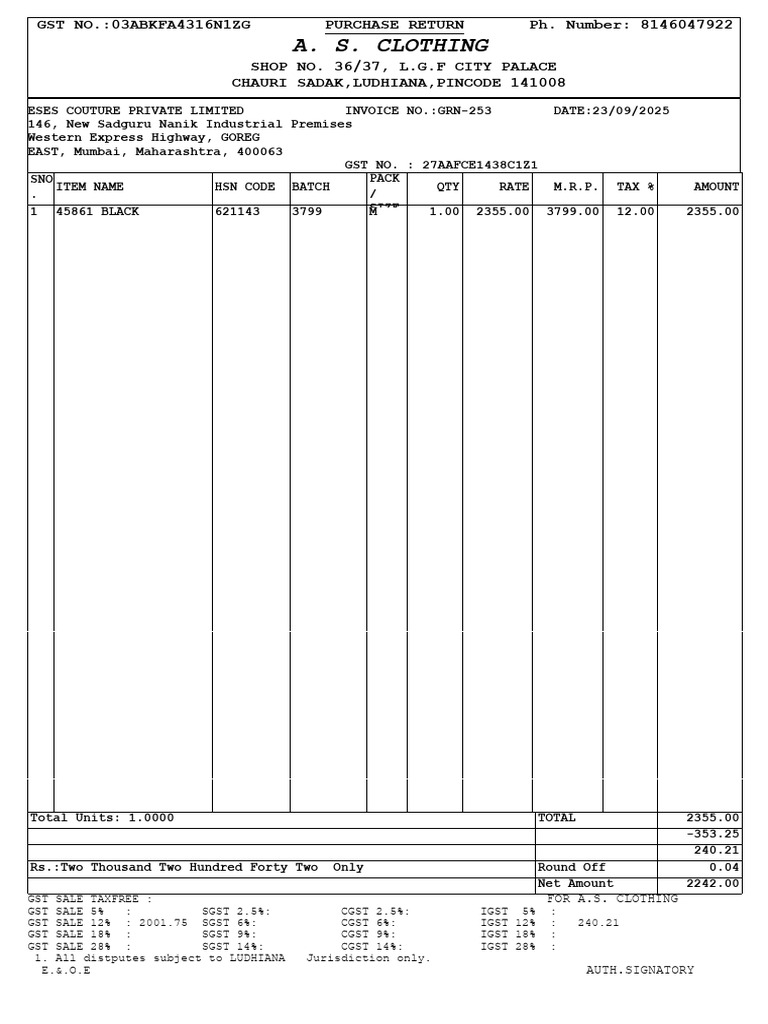 GST Purchase Return Invoice Details | PDF