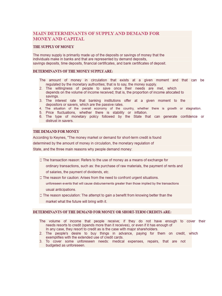 Main Determinants of The Supply and Demand For Money and Capital | PDF ...
