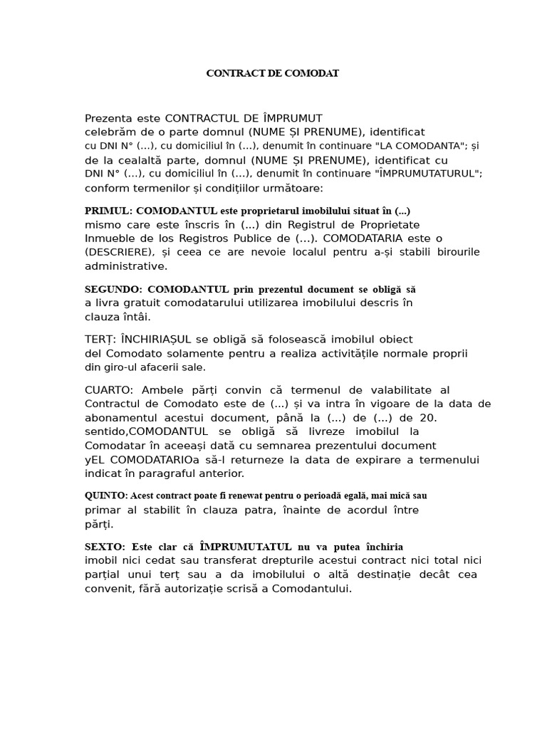 Model Contract de Comodat | PDF