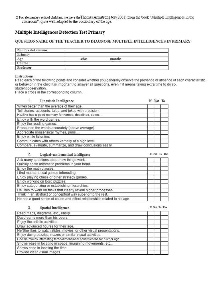 Multiple Intelligences Test for Kids | PDF | Cognition | Cognitive Science