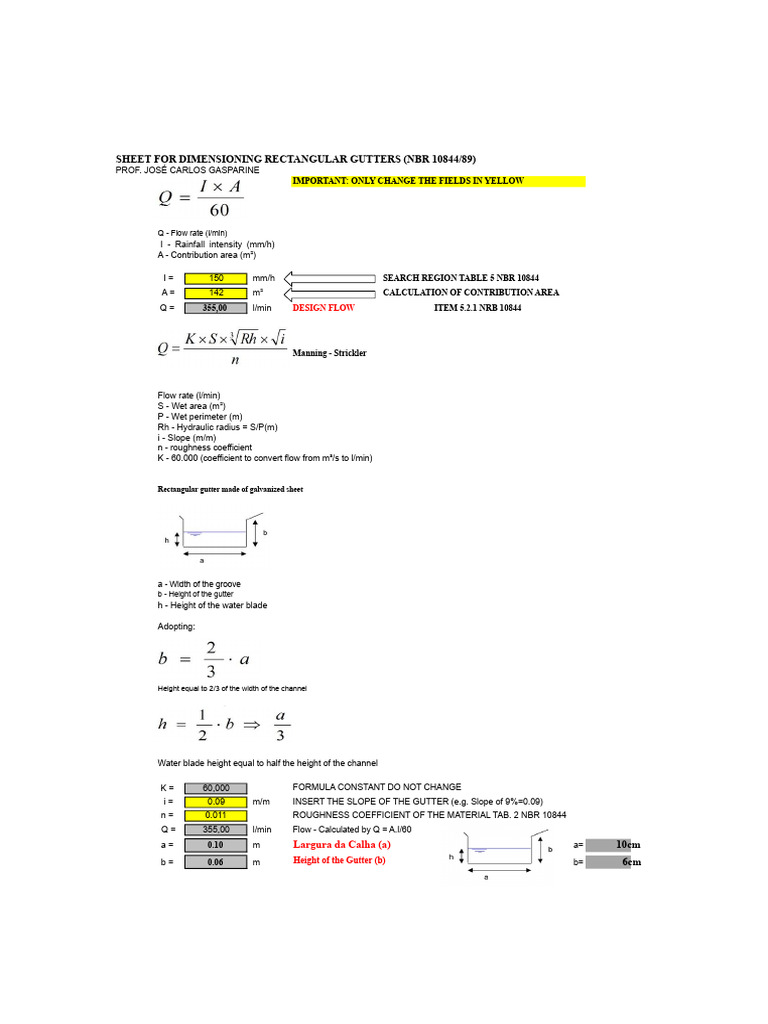 Rectangular Gutter Sizing Spreadsheet | PDF | Area