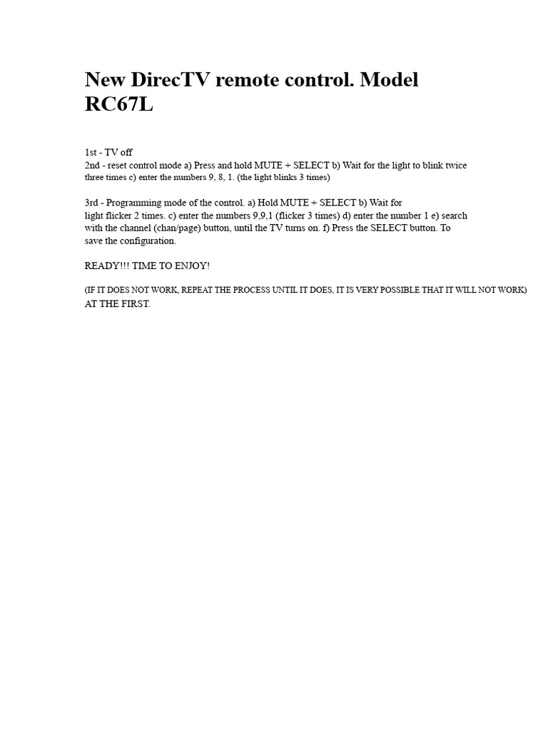 DirecTV RC67L Remote Setup Guide | PDF