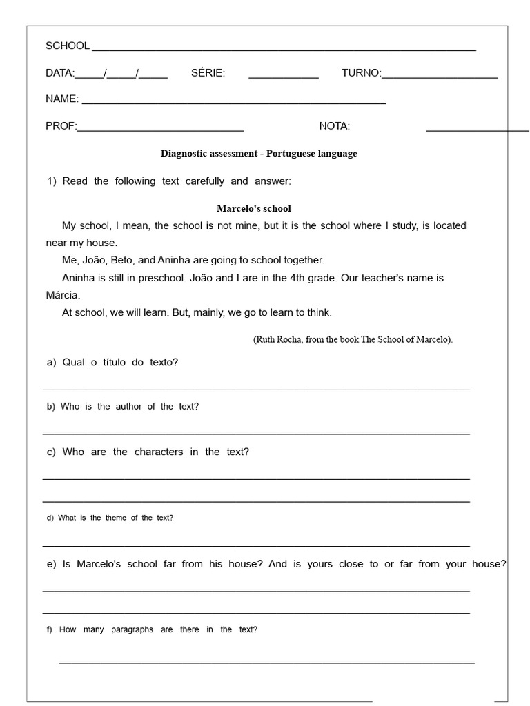 Diagnostic Assessment of Portuguese Language 5th Grade | PDF ...