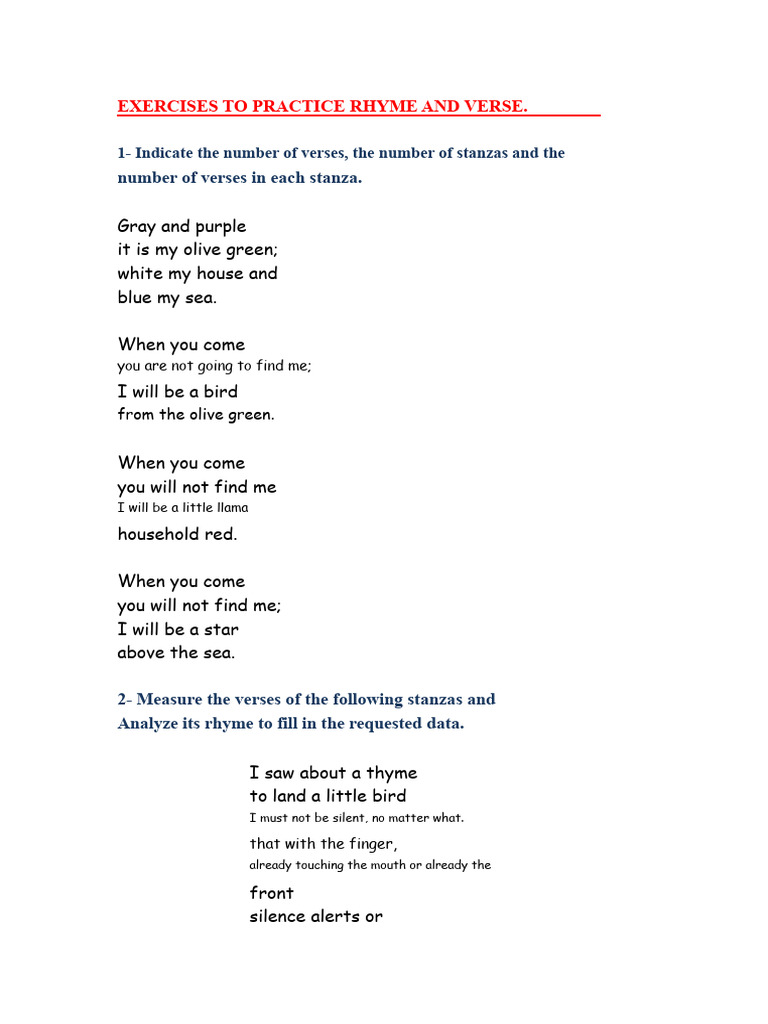 Rhyme and Verse Practice Exercises | PDF | Rhyme | Poetry