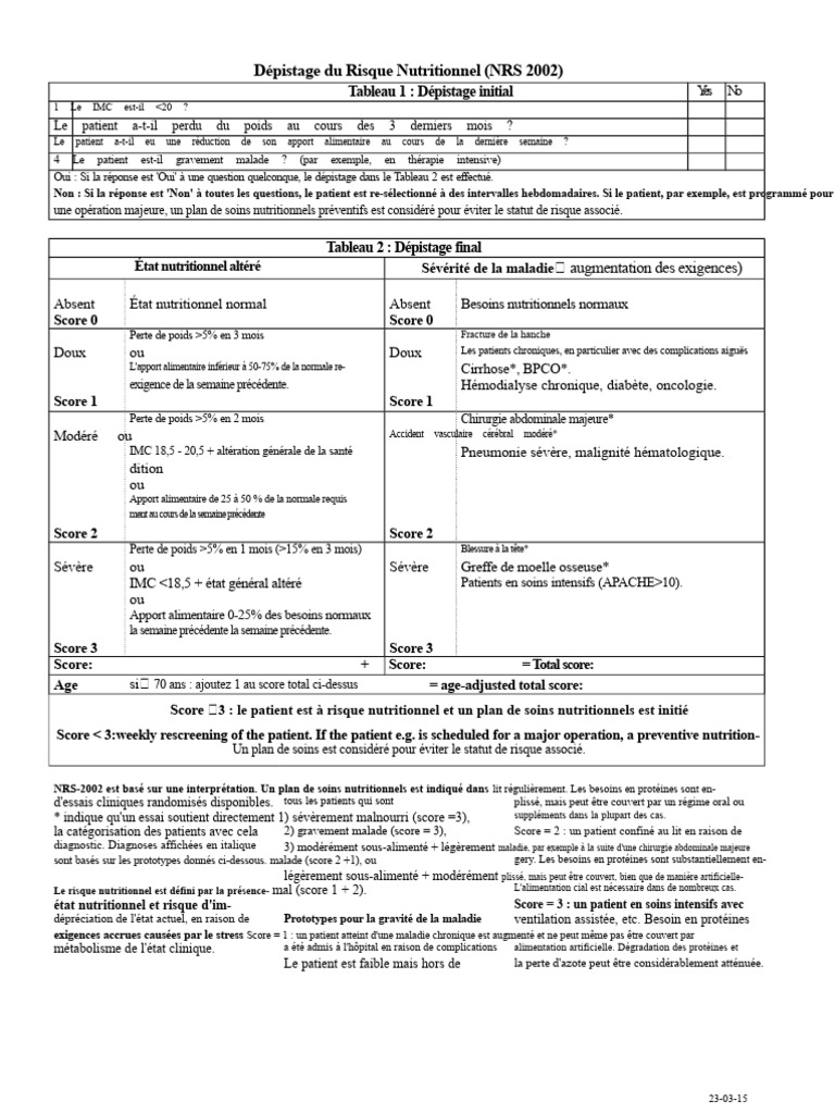 Dépistage du Risque Nutritionnel NRS 2002 | PDF | Maladies et troubles ...