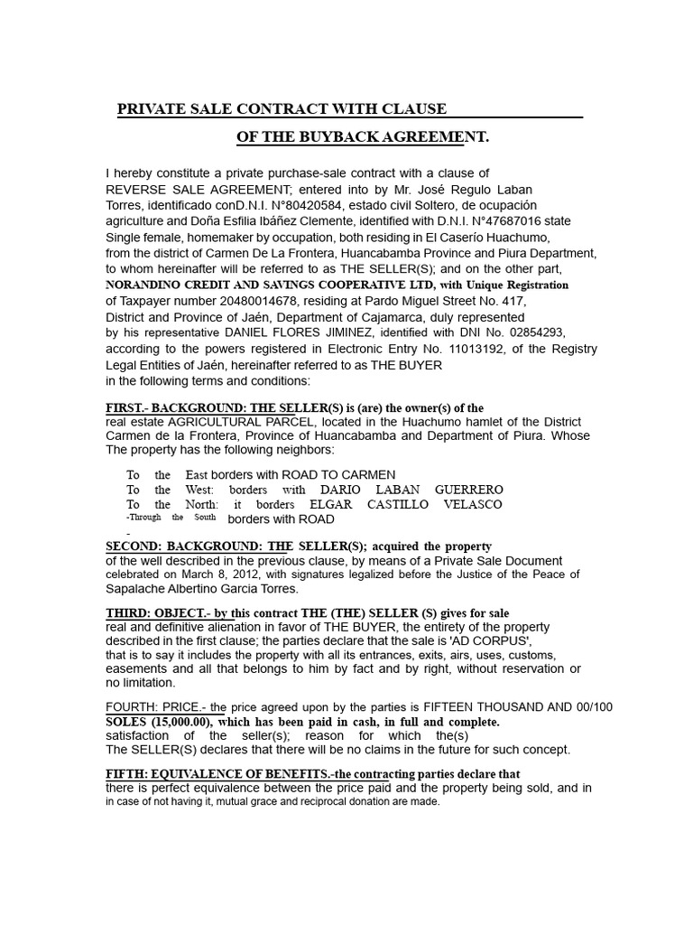 Private Purchase-Sale Contract Model With Agreement of - Huancabamba ...