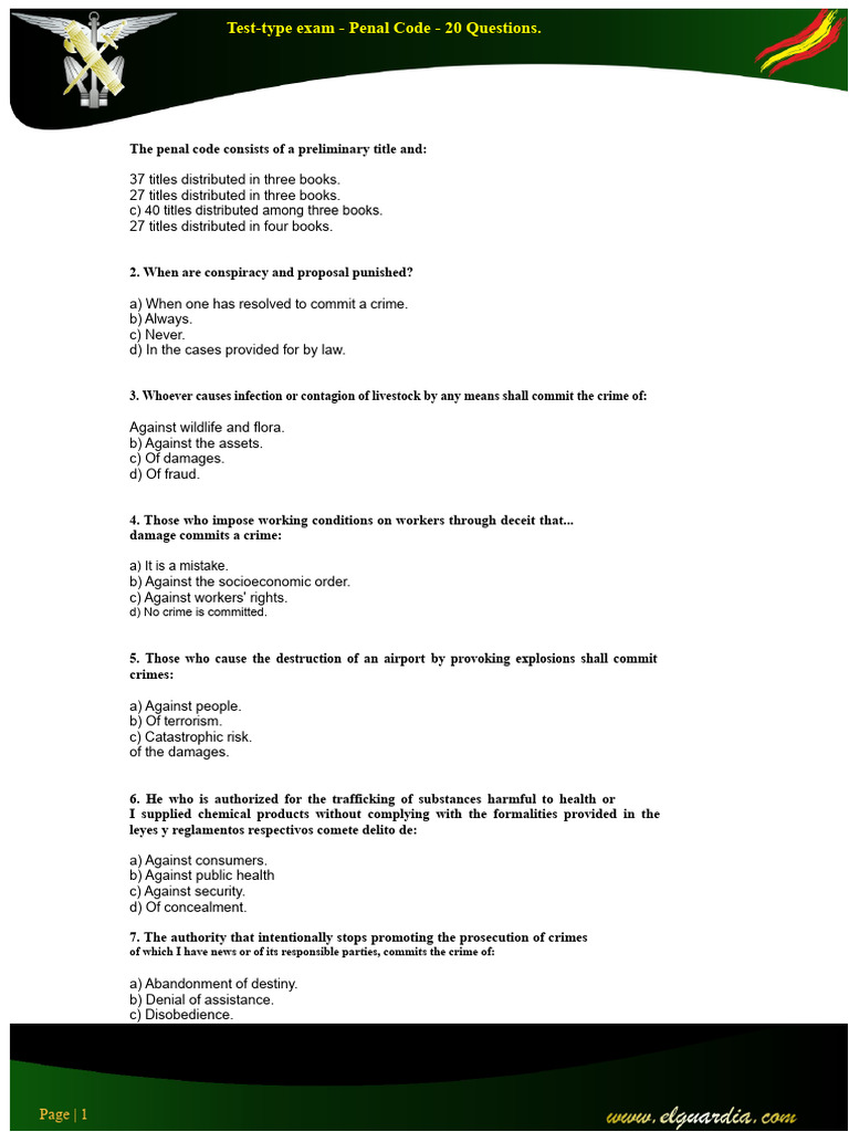 20 Questions on Penal Code Exam | PDF | Crimes | Crime & Violence