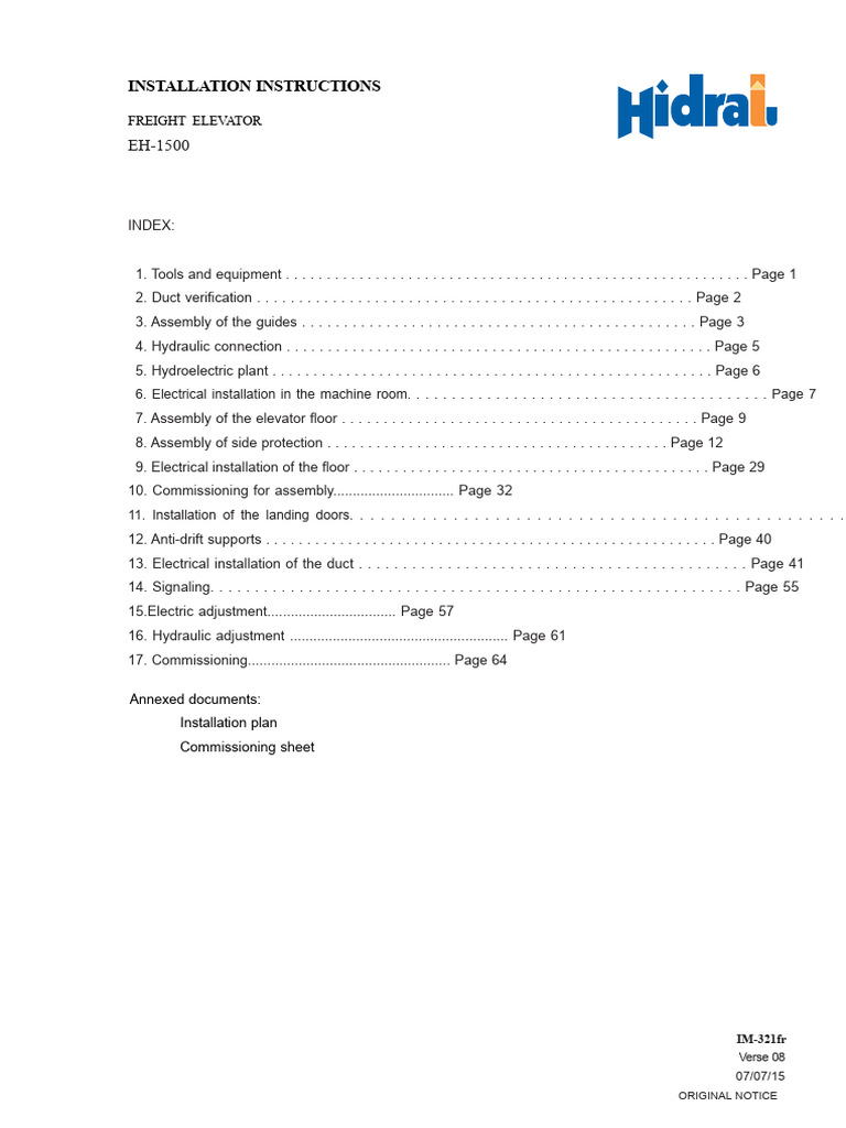 EH-1500 Freight Elevator Installation Guide | PDF | Elevator | Door