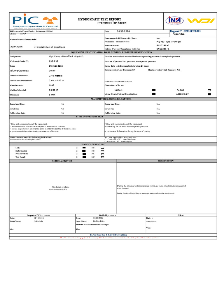 Hydrostatic Test Report for Storage Tanks | PDF | Pressure Measurement ...