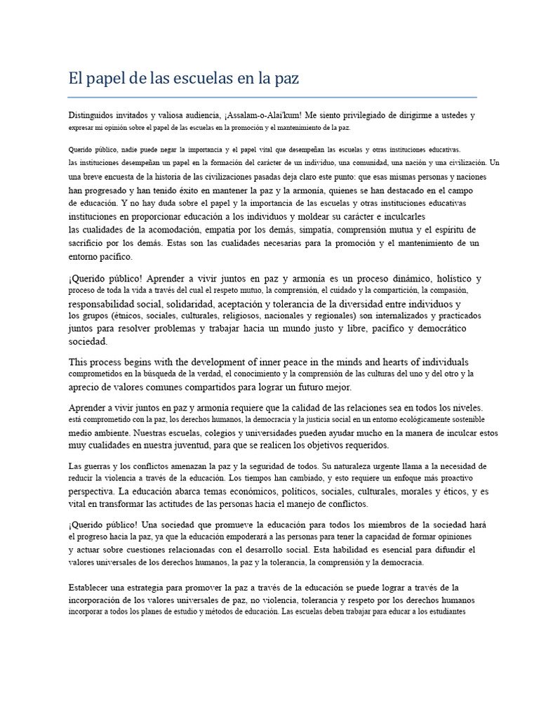 El Papel de Las Escuelas en La Paz | PDF | Paz | Tolerancia