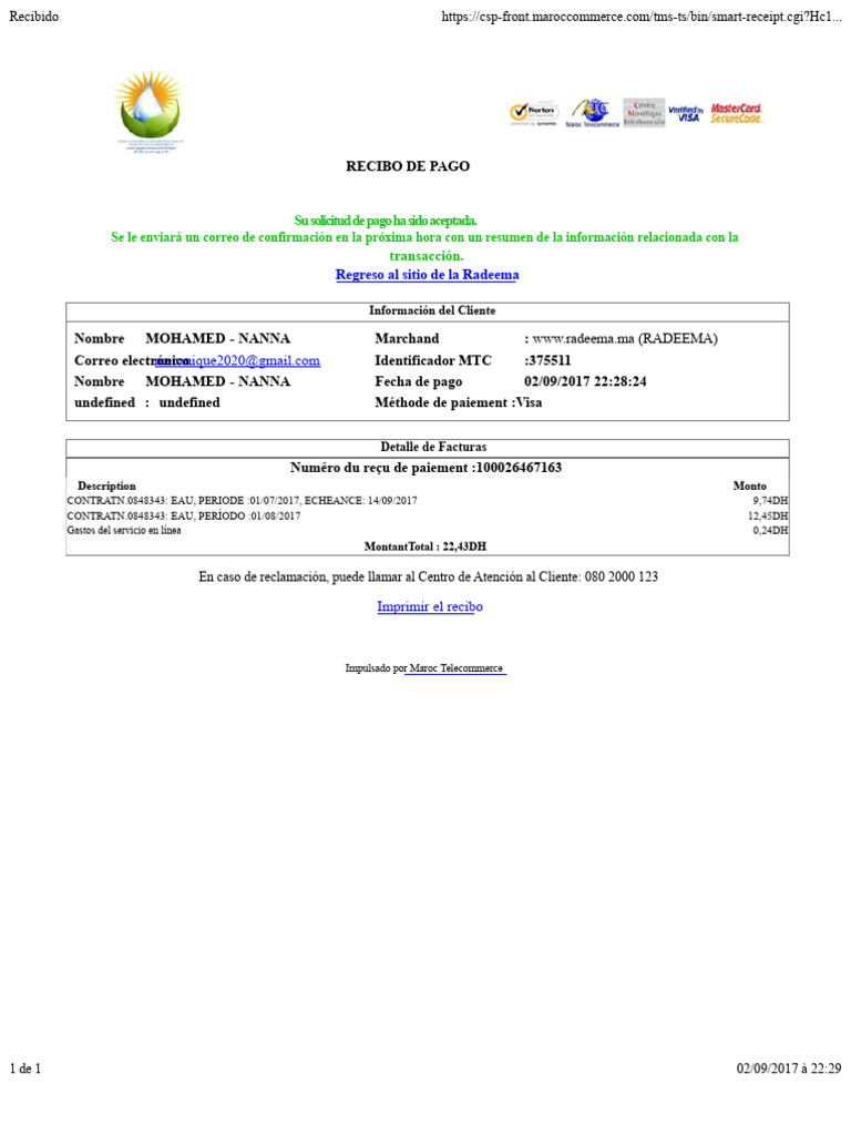 Recibo de Pago de Radeema - 22,43DH | PDF