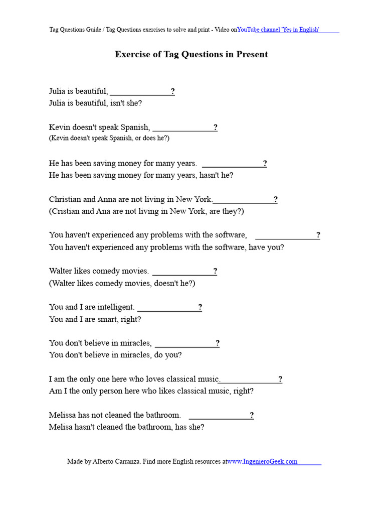 Tag Questions Exercises To Solve and Print in PDF | PDF | English ...