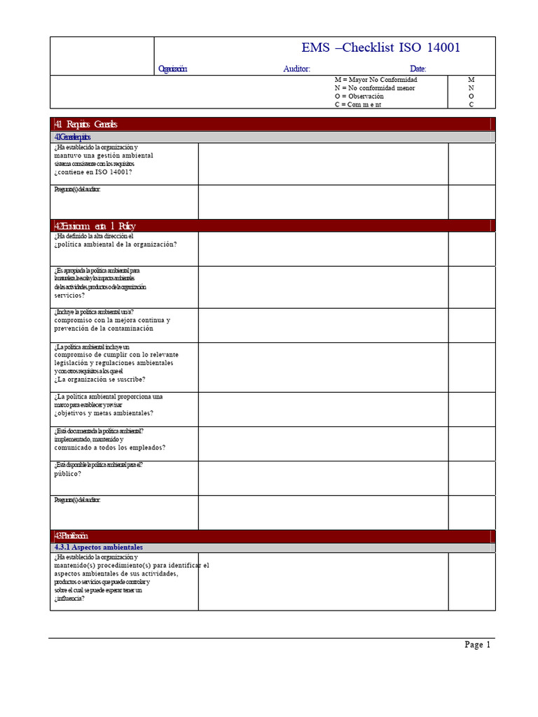 Checklist ISO 14001 para EMS | PDF | Política de medio ambiente | Contralor