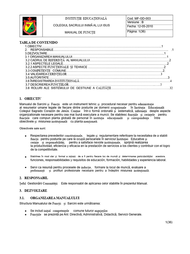 Manualul Funcțiilor Colegiului Sacredul Inimii A Lui Isus | PDF