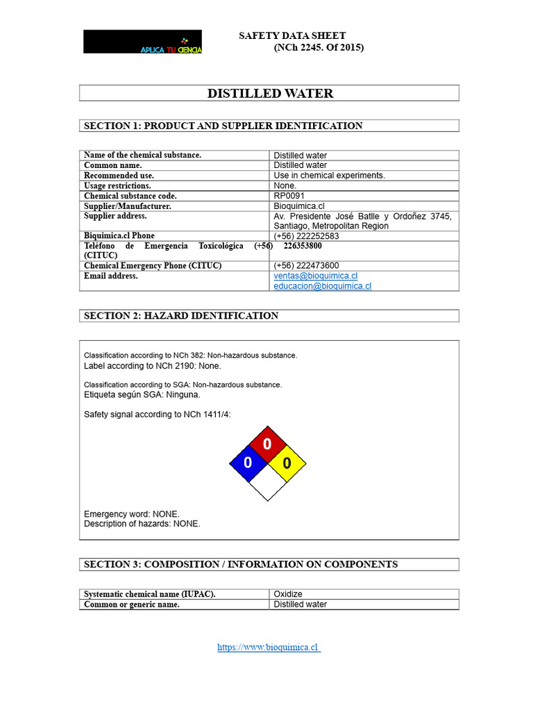 Distilled Water Safety Overview | PDF | Dangerous Goods | Occupational ...