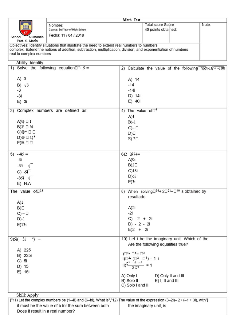 Mathematics Assessment 3rd Year High School Complex Numbers | PDF ...