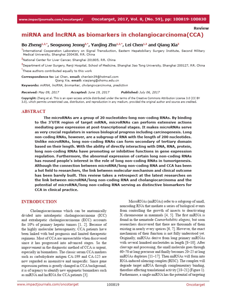 miRNA and lncRNA Biomarkers in CCA | PDF | Micro Rna | Human Genome