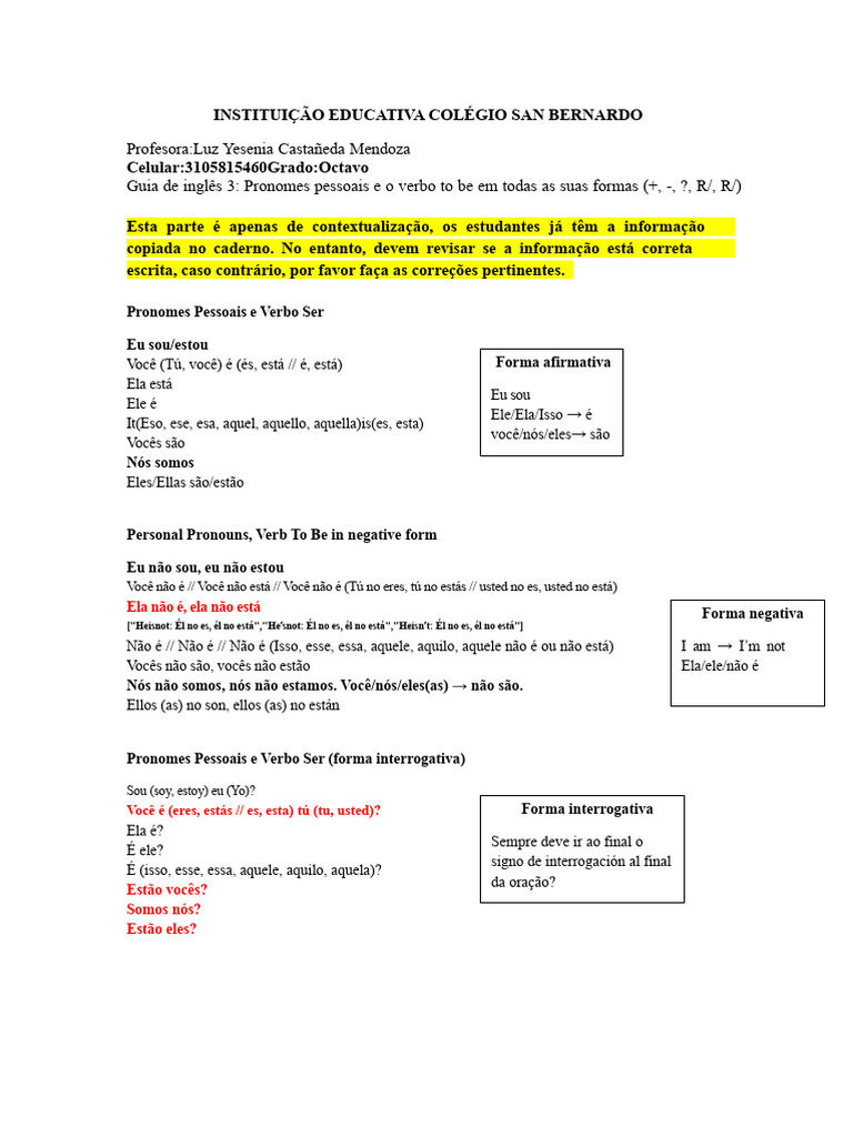 3. O verbo to be no presente simples e oficina de reforço | PDF ...