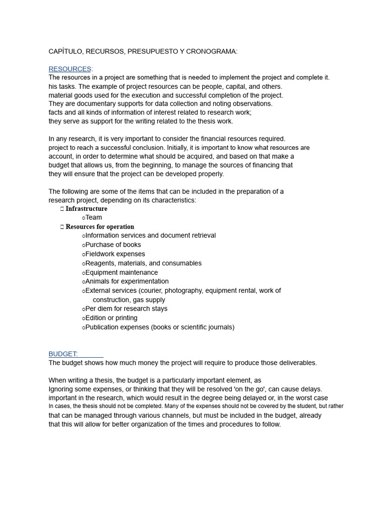 Chapter, Resources, Budget, and Schedule | PDF | Budget