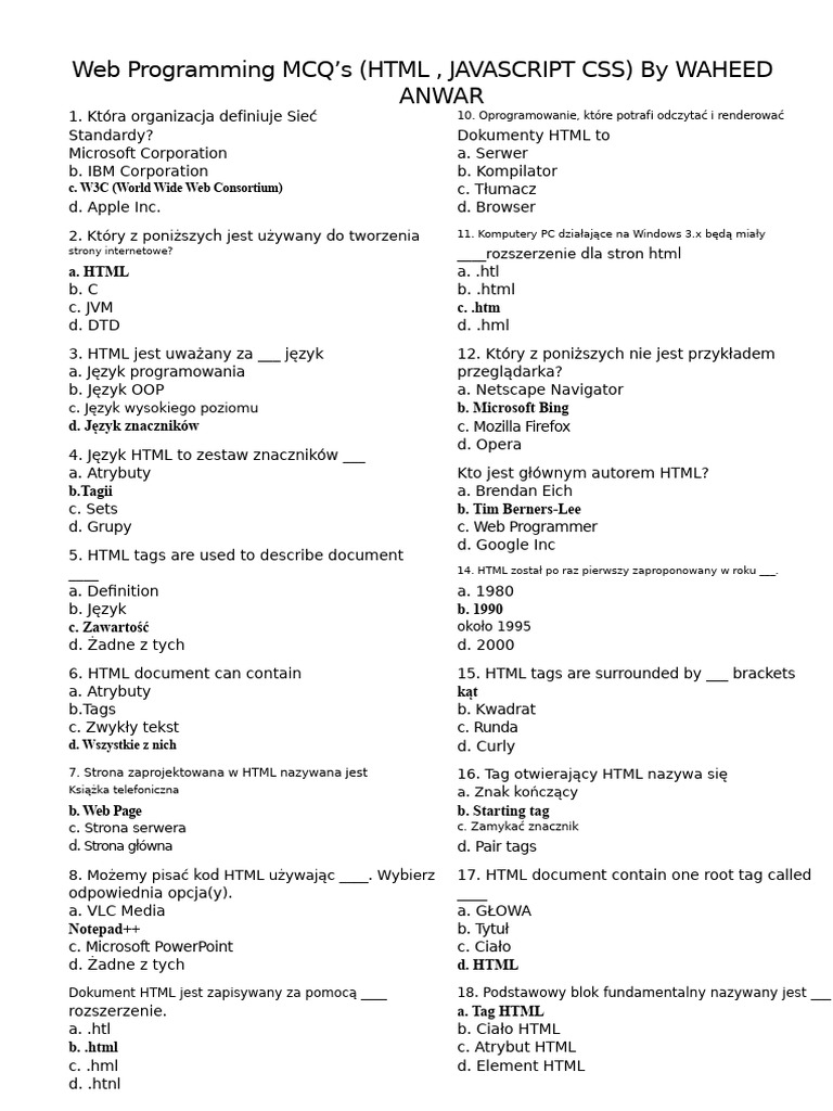 HTML CSS Javascript MCQ | PDF
