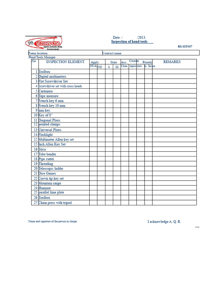 Hand Tools Checklist | PDF