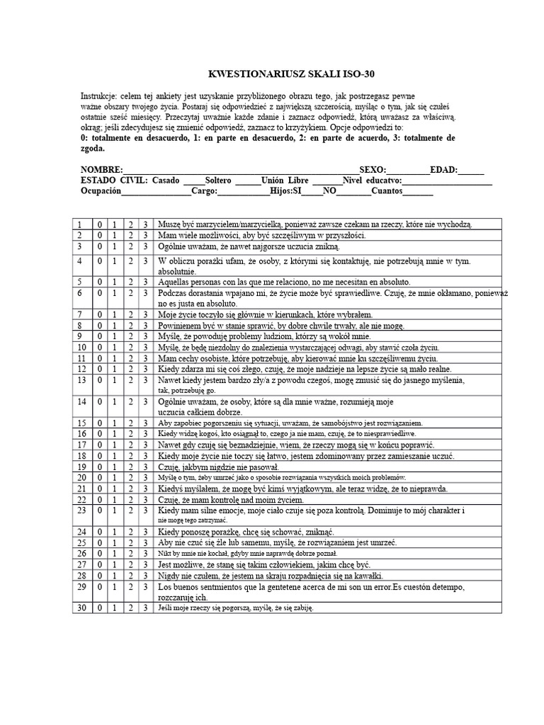 Kwestionariusz Skali Iso-30 | PDF