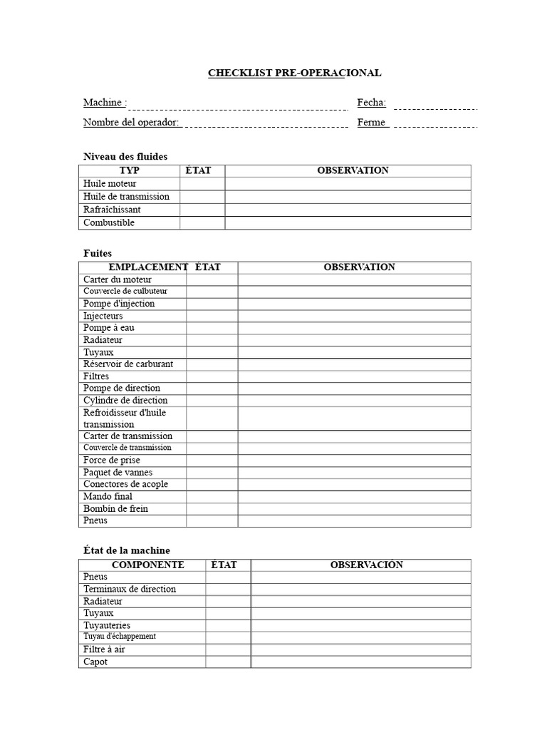 Checklist pré-opérationnelle machine | PDF