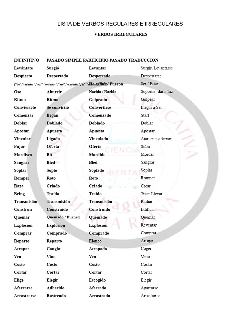 Lista de Verbos Regulares e Irregulares | PDF