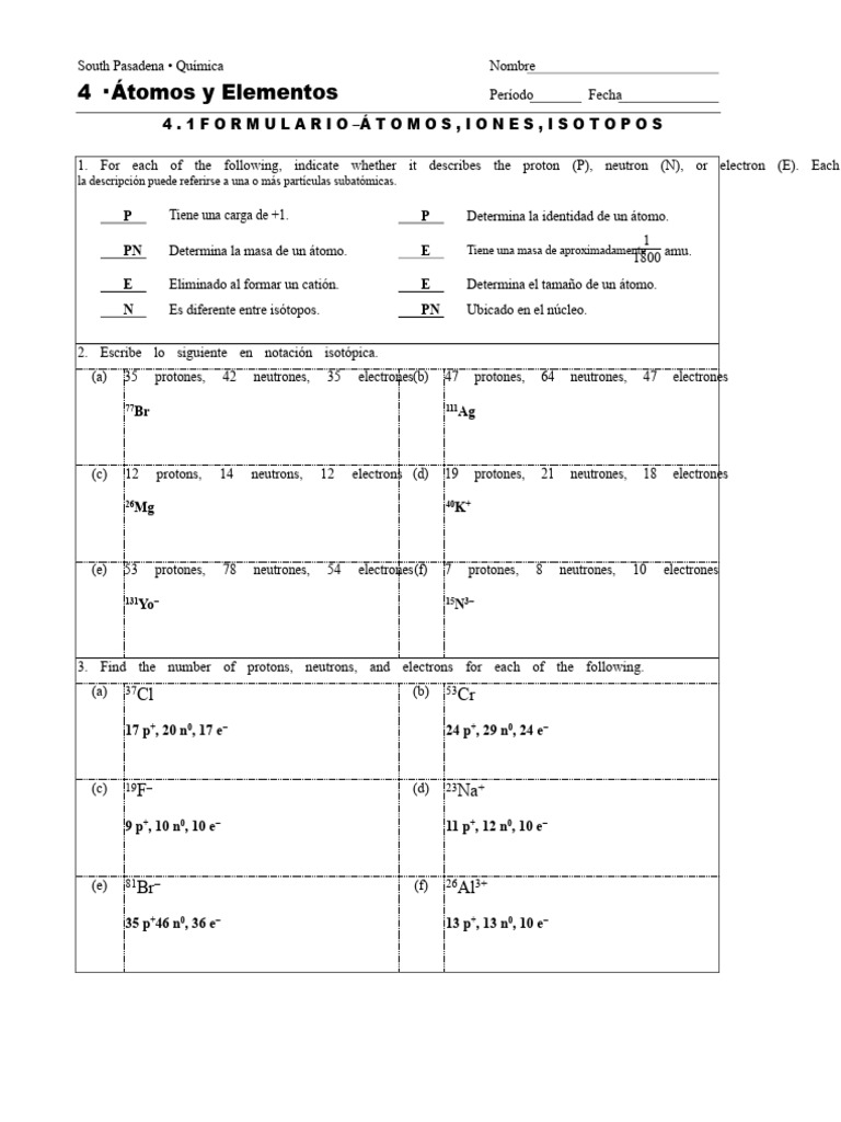Hoja de Trabajo de Química 4.1-R-Átomos, Iones, Isótopos-Respuestas ...