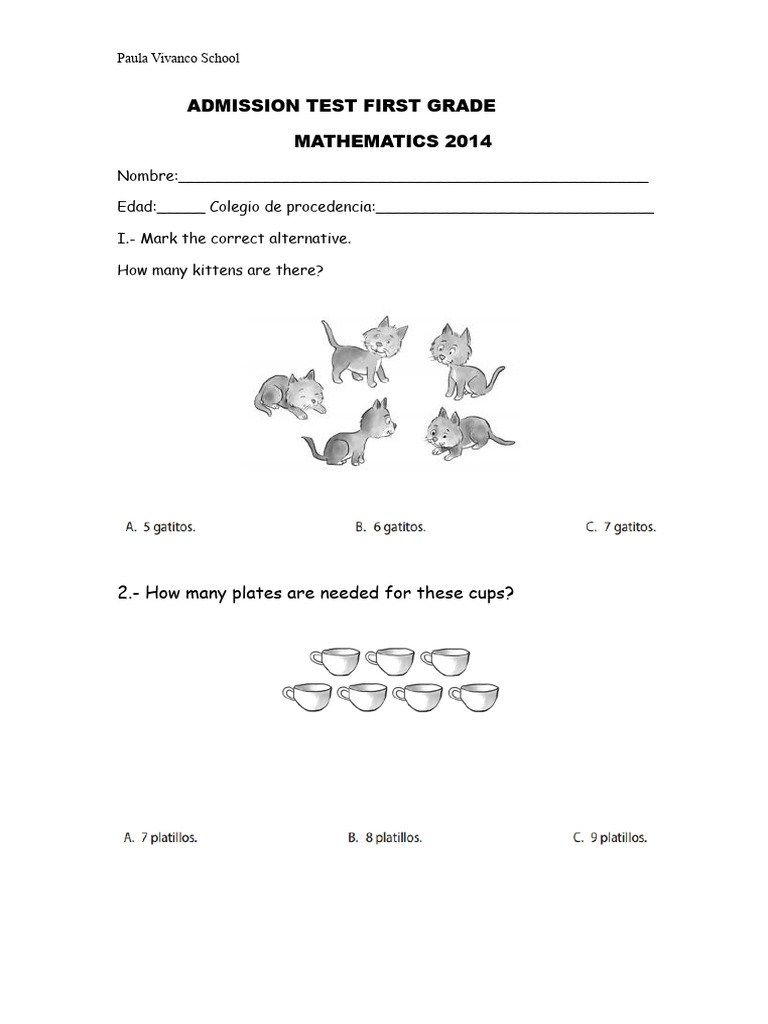 First Grade Math Admission Test 2014 | PDF