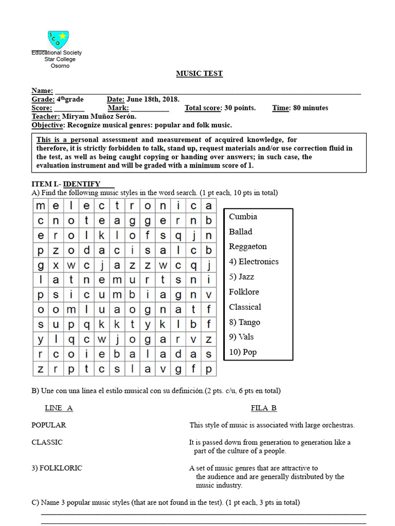 Music Test for 4th Grade Students | PDF | Entertainment | Performing Arts