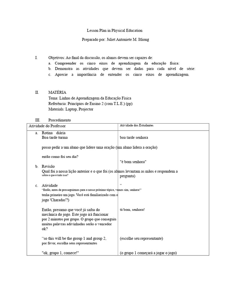 Plano de Aula em Educação Física | PDF | Física | Lição