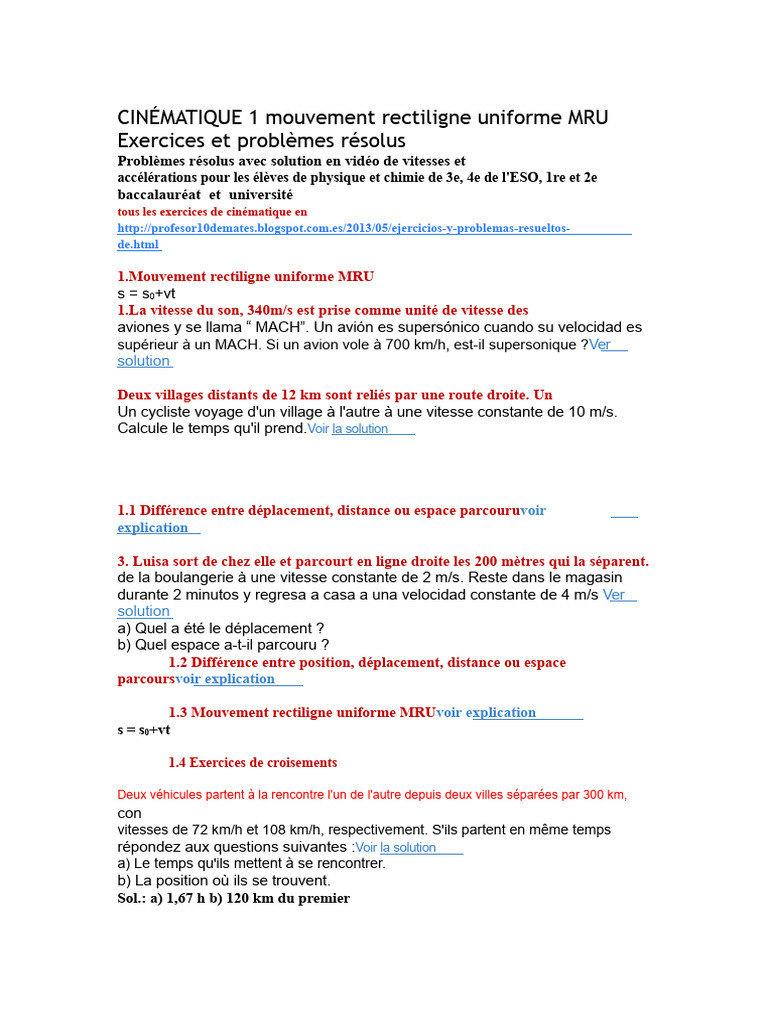 Exercices de mouvement rectiligne uniforme | PDF