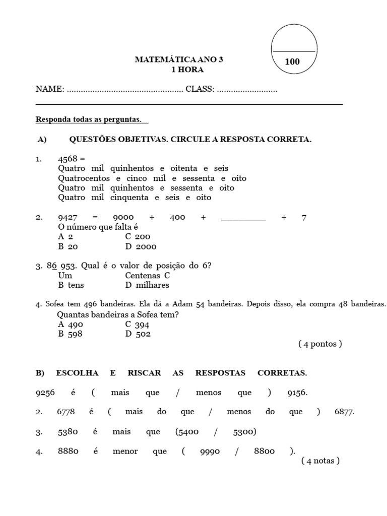 Questões de Matemática para o 3º Ano | PDF