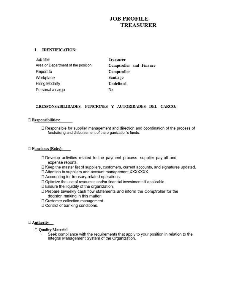 Treasurer Job Profile and Responsibilities | PDF | Accounting | Business