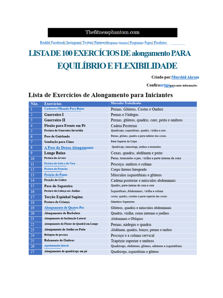 100 Exercícios de Alongamento para Flexibilidade | PDF | Quadril ...
