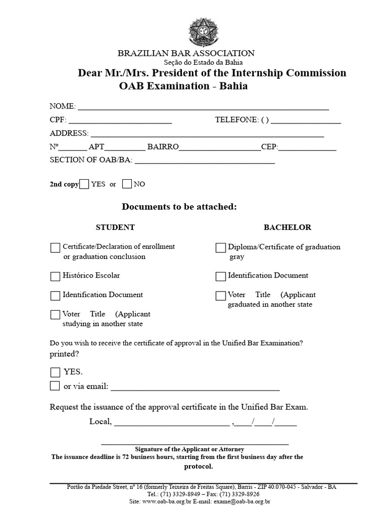 OAB Bahia Exam Application Form | PDF