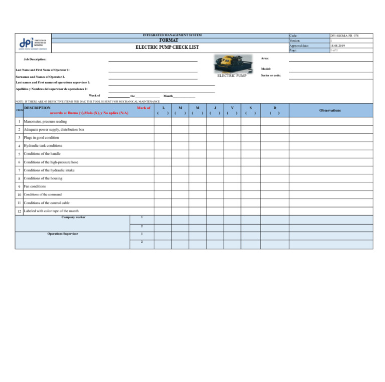 Electric Pump Maintenance Checklist | PDF | Gases | Equipment