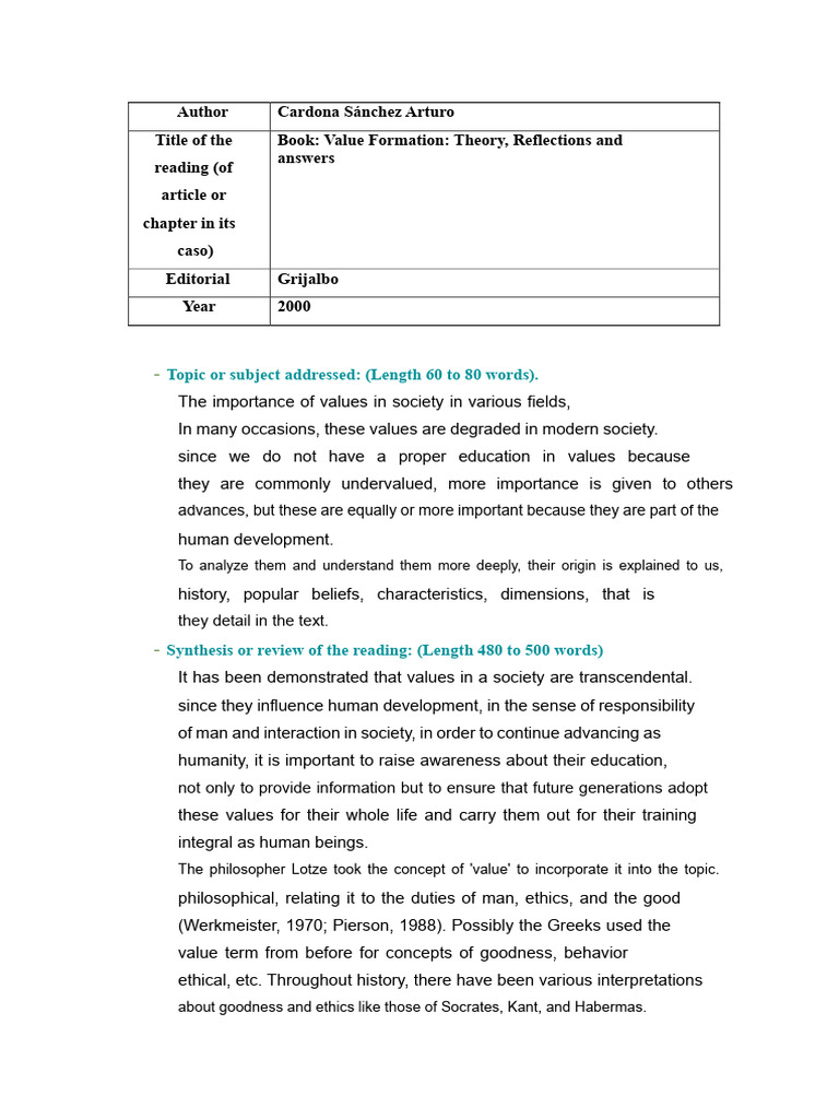 Value Formation: Theory, Reflections, and Responses (Report) | PDF ...