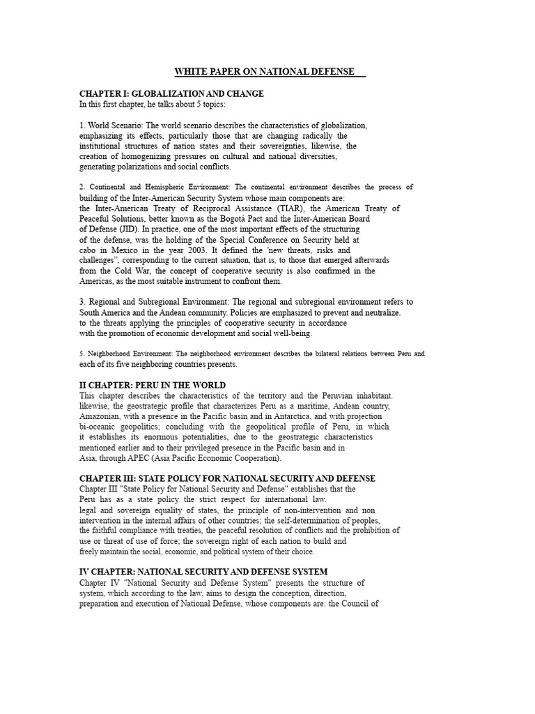 Summary of the White Paper on National Defense | PDF | Peru | Military