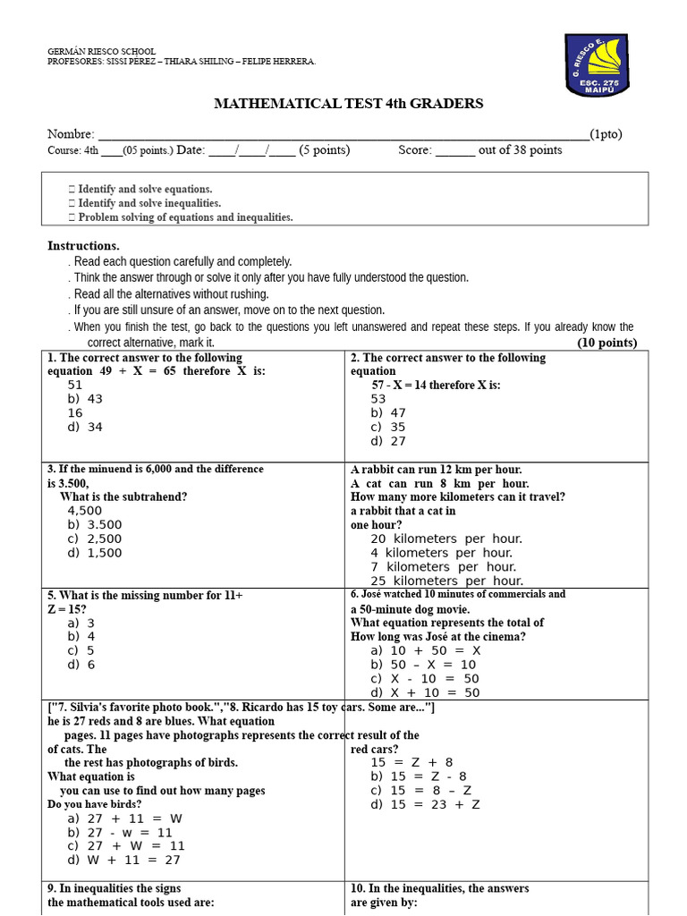 4th Grade Math Test: Equations & Inequalities | PDF | Subtraction