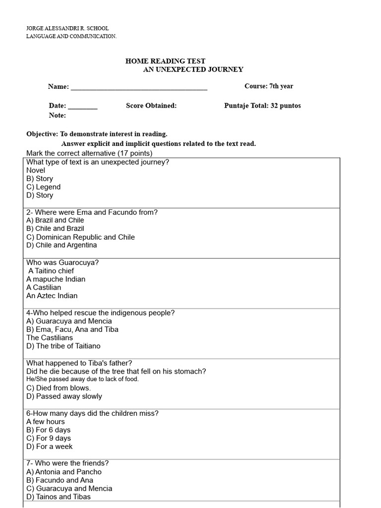 Home Reading Test: An Unexpected Journey | PDF | Verb | Adjective