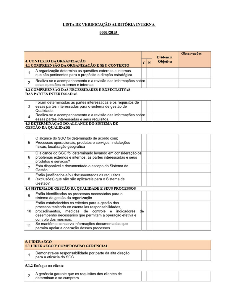 Checklist de Auditoria Interna ISO 9001 | PDF | Qualidade (negócios ...