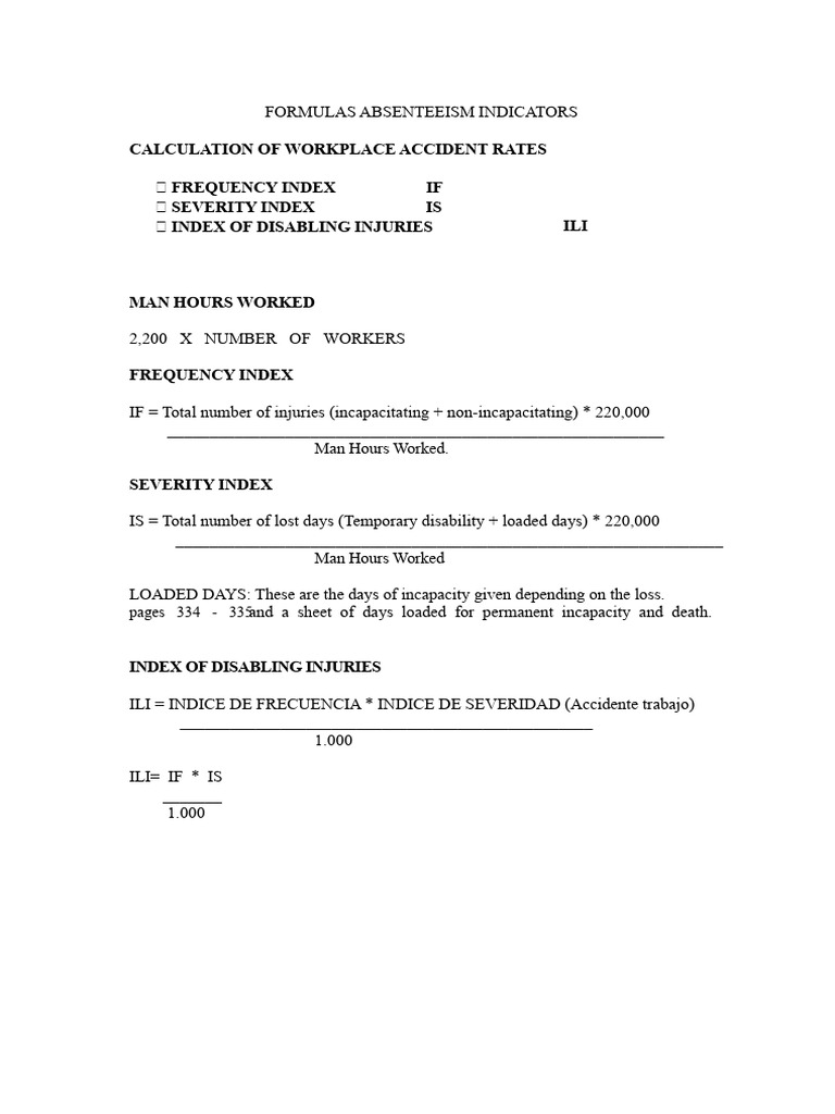 Absenteeism Indicator Formulas | PDF | Labor Relations | Occupational ...