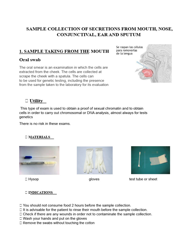 Sample Collection of Mouth Secretions | PDF | Ear | Genetic Testing