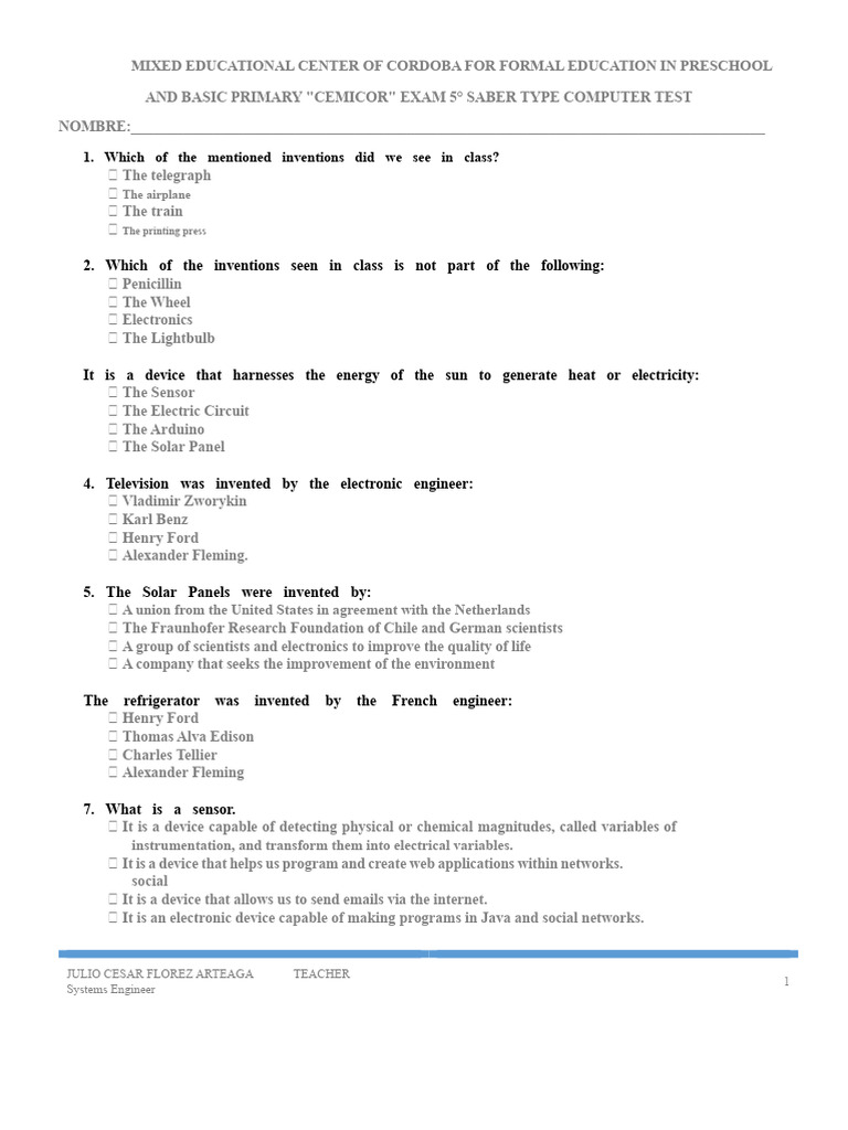 CEMICOR 5° Saber Computer Exam | PDF | Electronics | Computing