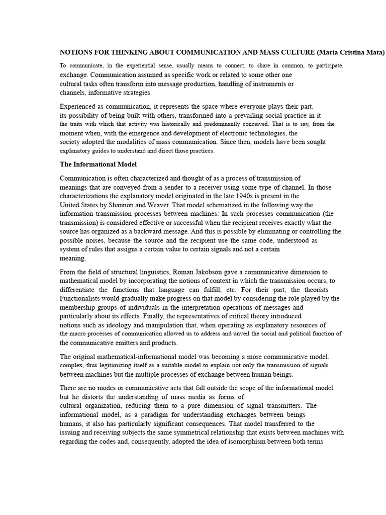 NOTIONS FOR THINKING ABOUT COMMUNICATION AND MASS CULTURE (Maria Matas ...